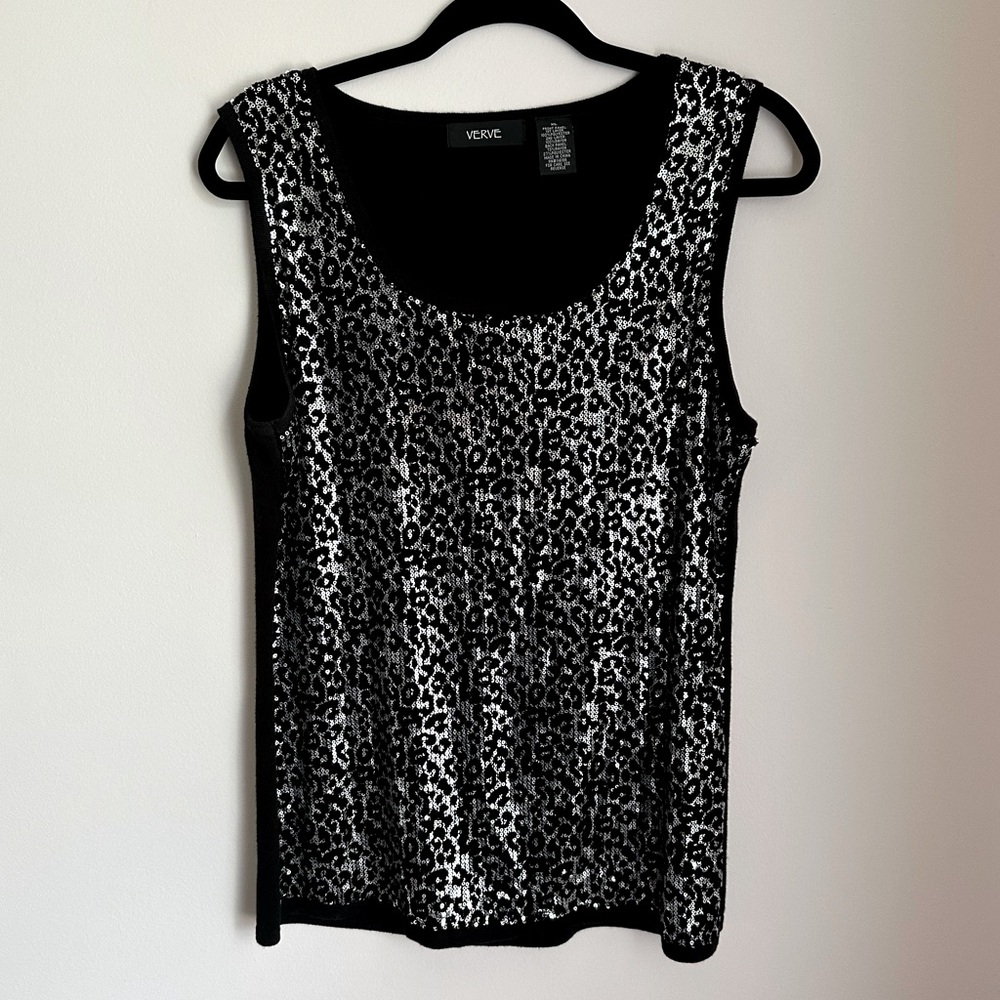 Verve Silver Sequin Cheetah Print Shimmery Silver and Black Tank Top Size XL